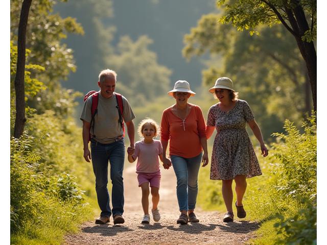Familia multigeneracional disfrutando senderismo inclusivo